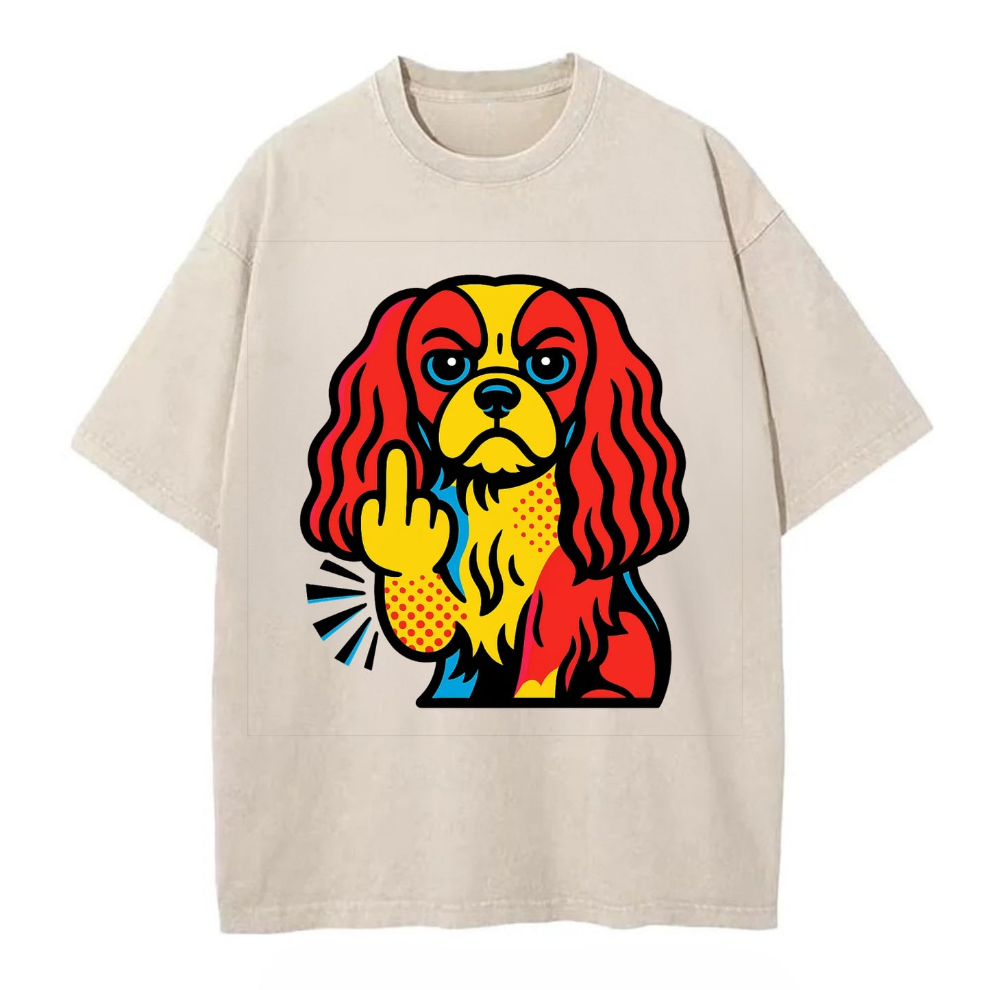 Cavalier King Charles Spaniel with long ears, regal paw giving finger - Vintage T-shirt - Off White