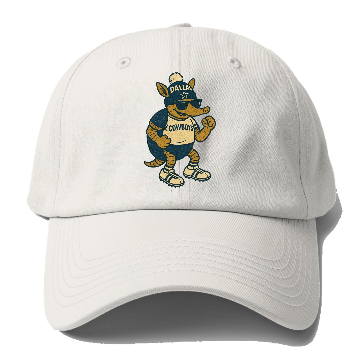 Dallas Armadillo wearing Cowboys beanie with lone star patch and wayfarer sunglasses - Baseball Cap - Off White