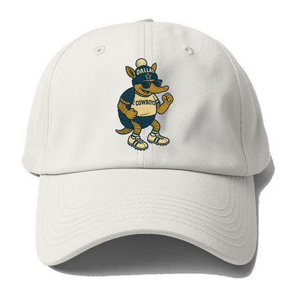 Dallas Armadillo wearing Cowboys beanie with lone star patch and wayfarer sunglasses - Baseball Cap - Off White