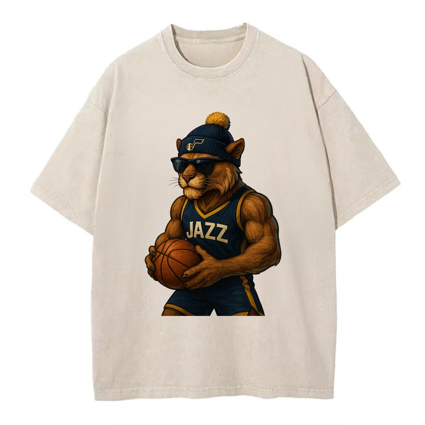 Utah Mountain Lion wearing Jazz navy and yellow beanie with music note and - Vintage T-shirt - Off White