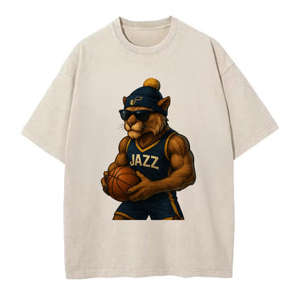 Utah Mountain Lion wearing Jazz navy and yellow beanie with music note and - Vintage T-shirt - Off White