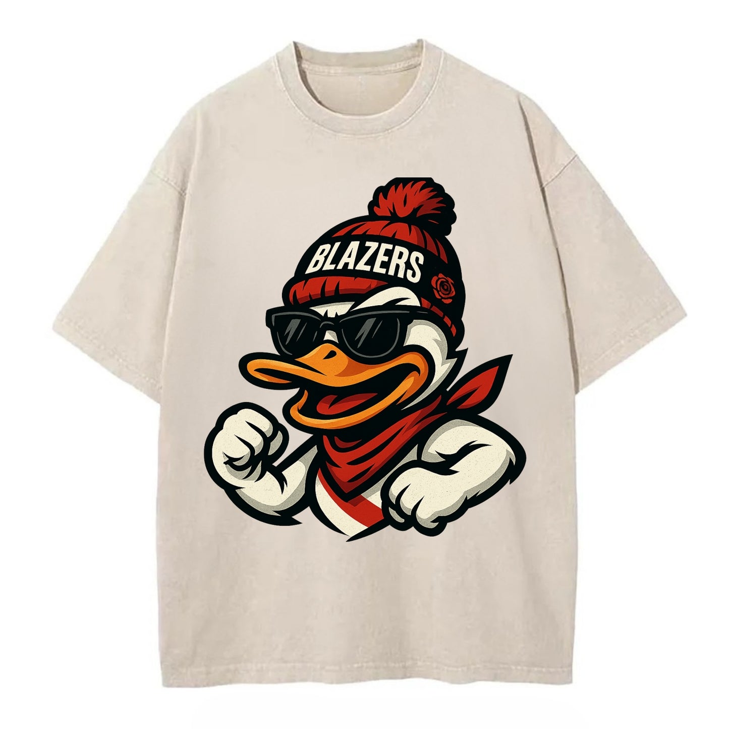 Oregon Duck wearing Trail Blazers beanie with rose patch and wayfarer sunglasses - Vintage T-shirt - Off White