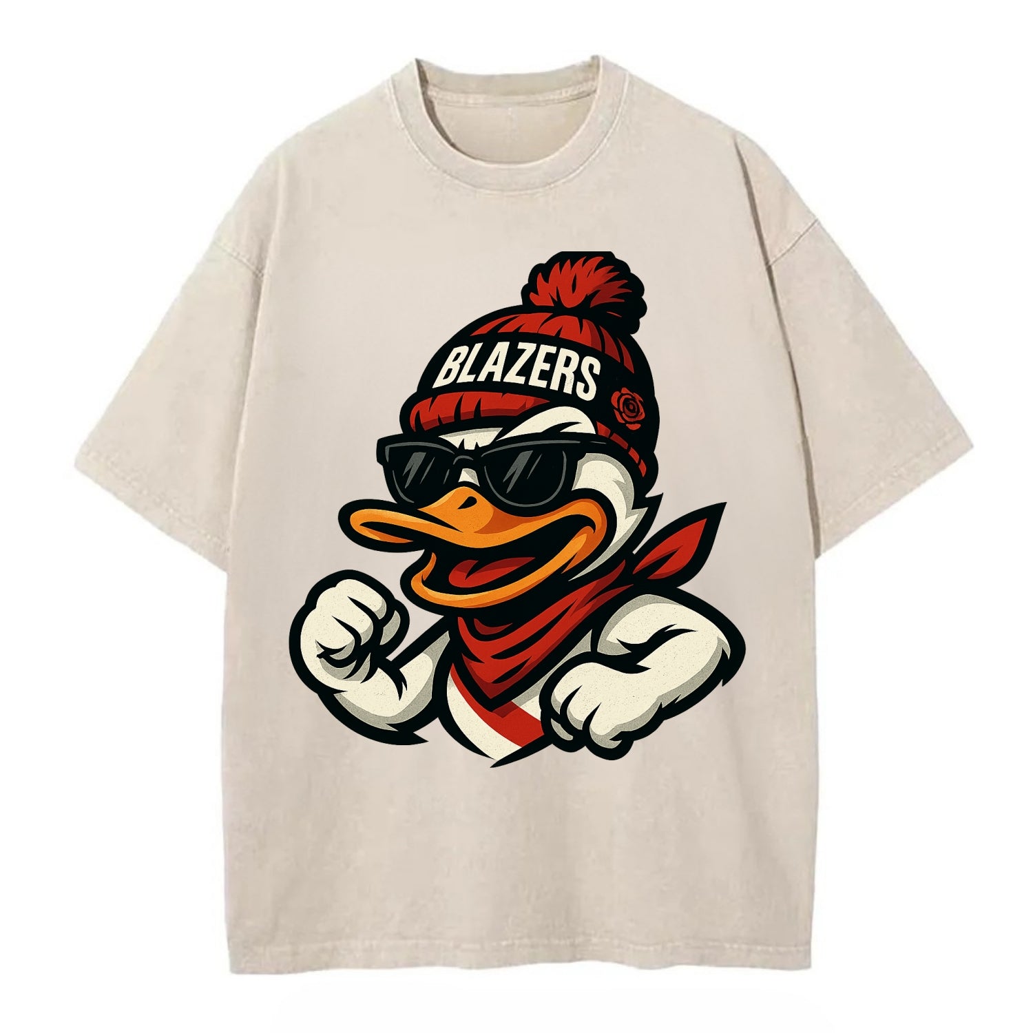 Oregon Duck wearing Trail Blazers beanie with rose patch and wayfarer sunglasses - Vintage T-shirt - Off White