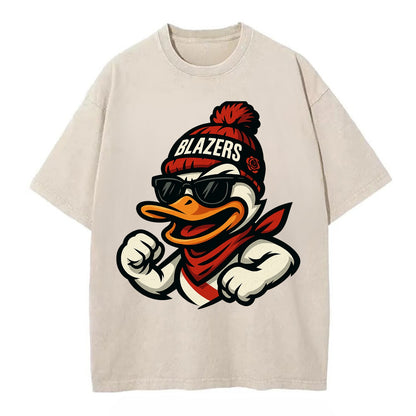 Oregon Duck wearing Trail Blazers beanie with rose patch and wayfarer sunglasses - Vintage T-shirt - Off White