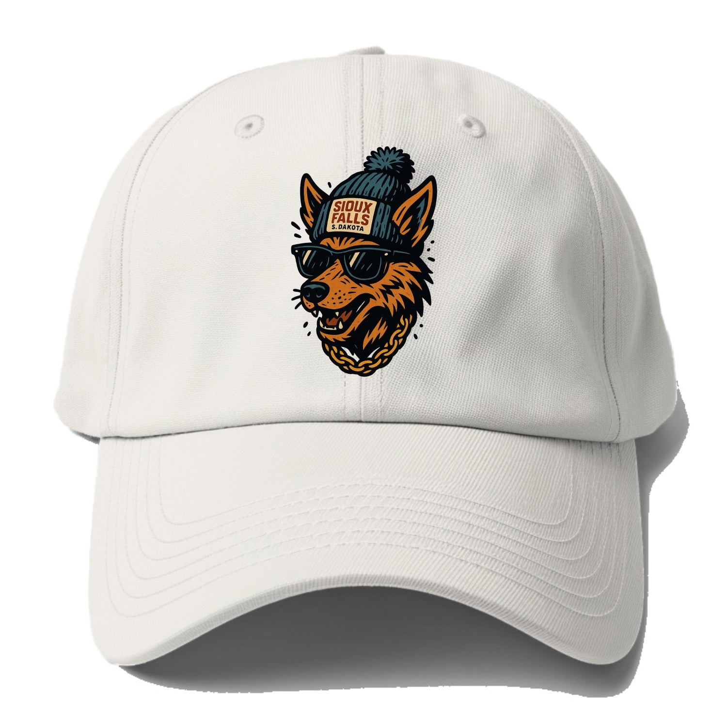 South Dakota Coyote wearing Sioux Falls beanie with pom pom and - Baseball Cap For Big Heads - Off White
