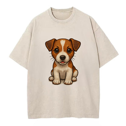Baby Jack Russell Terrier Puppy - white with markings, alert ears, energetic - Vintage T-shirt - Off White