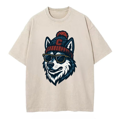 Storrs Husky wearing UConn beanie with C patch - Vintage T-shirt - Off White