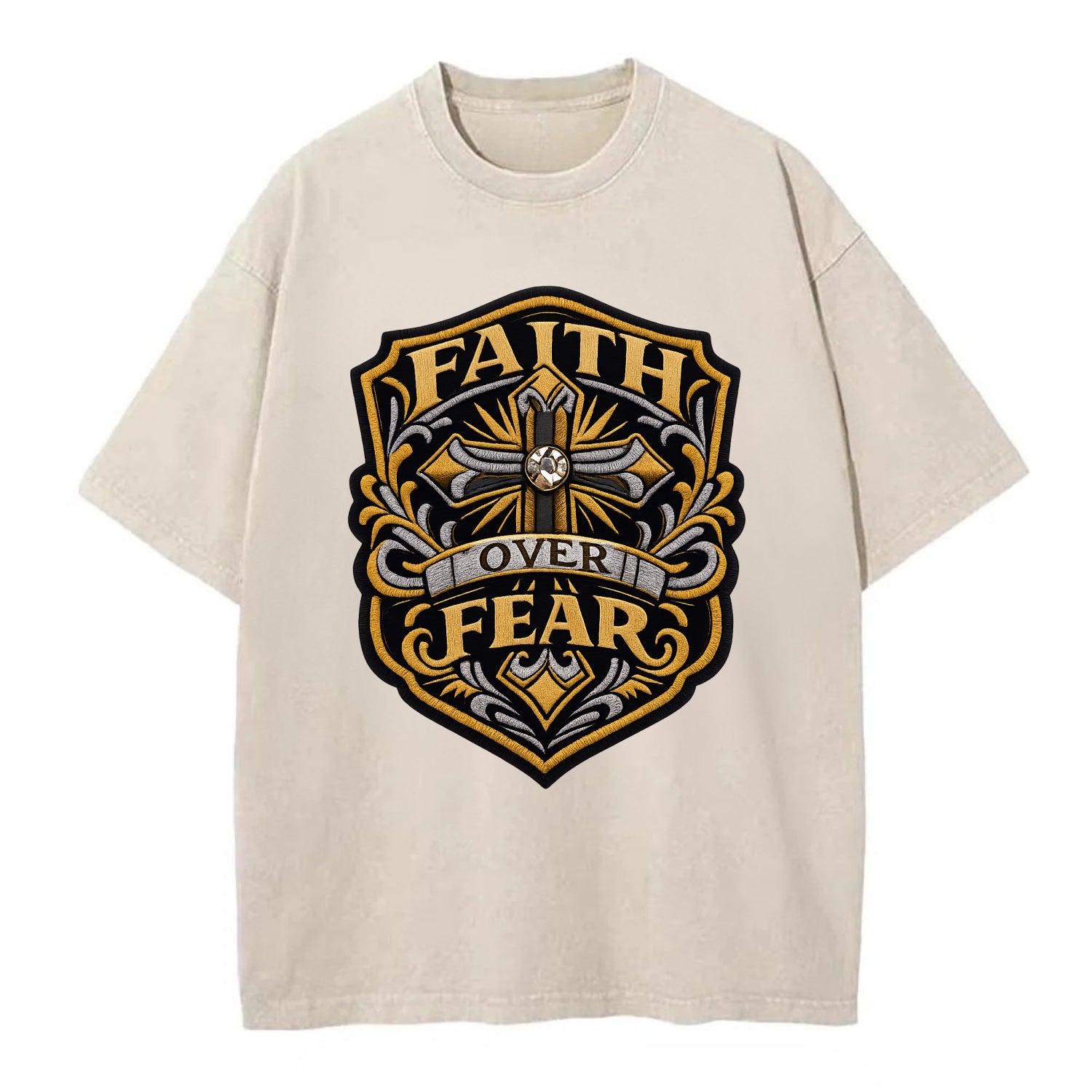 FAITH OVER FEAR - cross with text in gold , spiritual strength - Vintage T-shirt - Off White