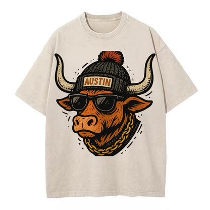 Texas Longhorn wearing Austin beanie with pom pom and wayfarer sunglasses - Vintage T-shirt - Off White