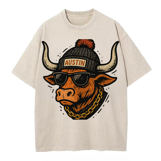 Texas Longhorn wearing Austin beanie with pom pom and wayfarer sunglasses - Vintage T-shirt - Off White