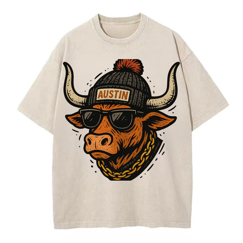 Texas Longhorn wearing Austin beanie with pom pom and wayfarer sunglasses - Vintage T-shirt