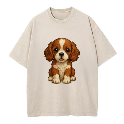 Baby Cavalier King Charles Spaniel Puppy - silky ears, gentle eyes, sweet - Vintage T-shirt - Off White