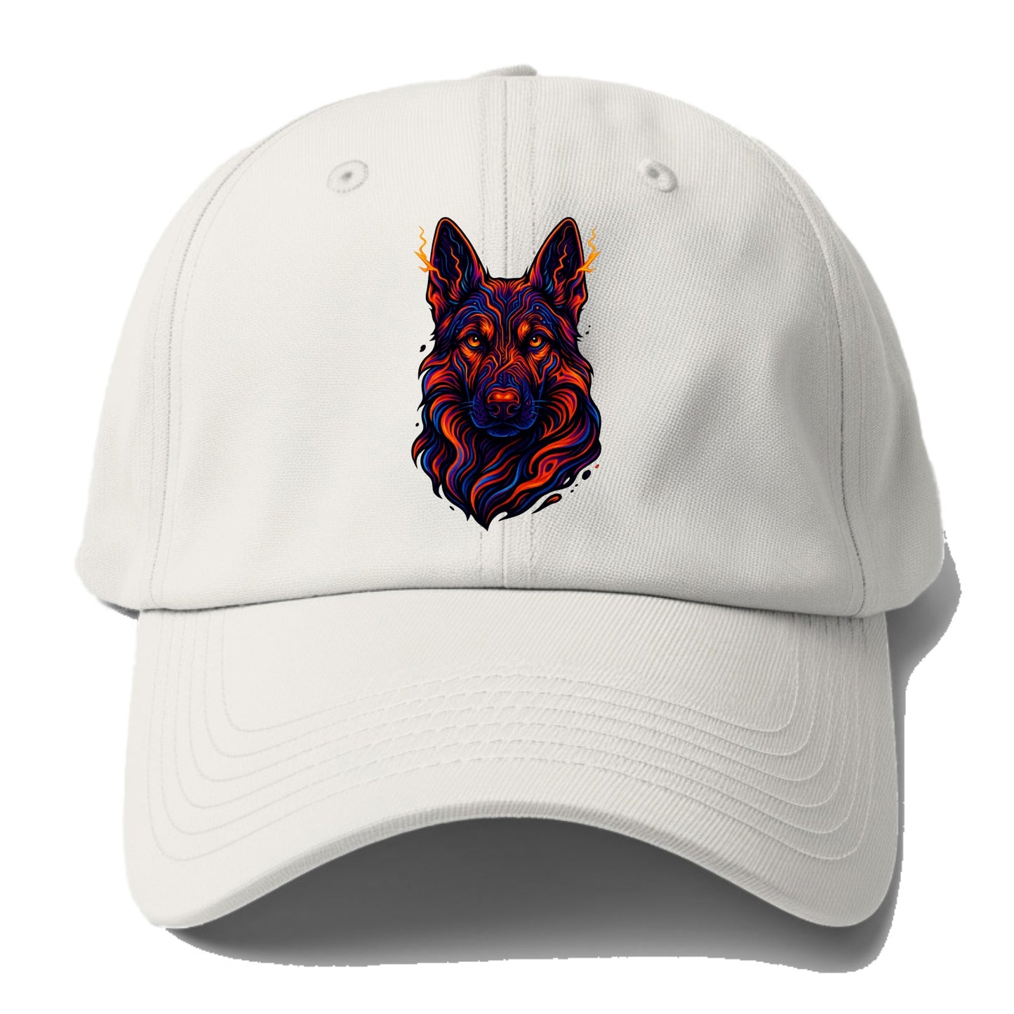 Alert German Shepherd with cyber circuit patterns in the fur, neon orange and black - Baseball Cap - Off White