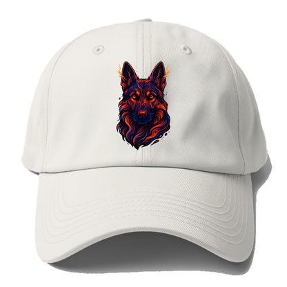 Alert German Shepherd with cyber circuit patterns in the fur, neon orange and black - Baseball Cap - Off White
