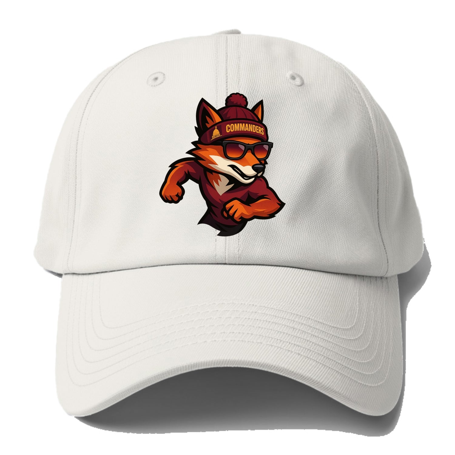 Washington Fox wearing Commanders beanie with Capitol patch and wayfarer sunglasses - Baseball Cap - Off White
