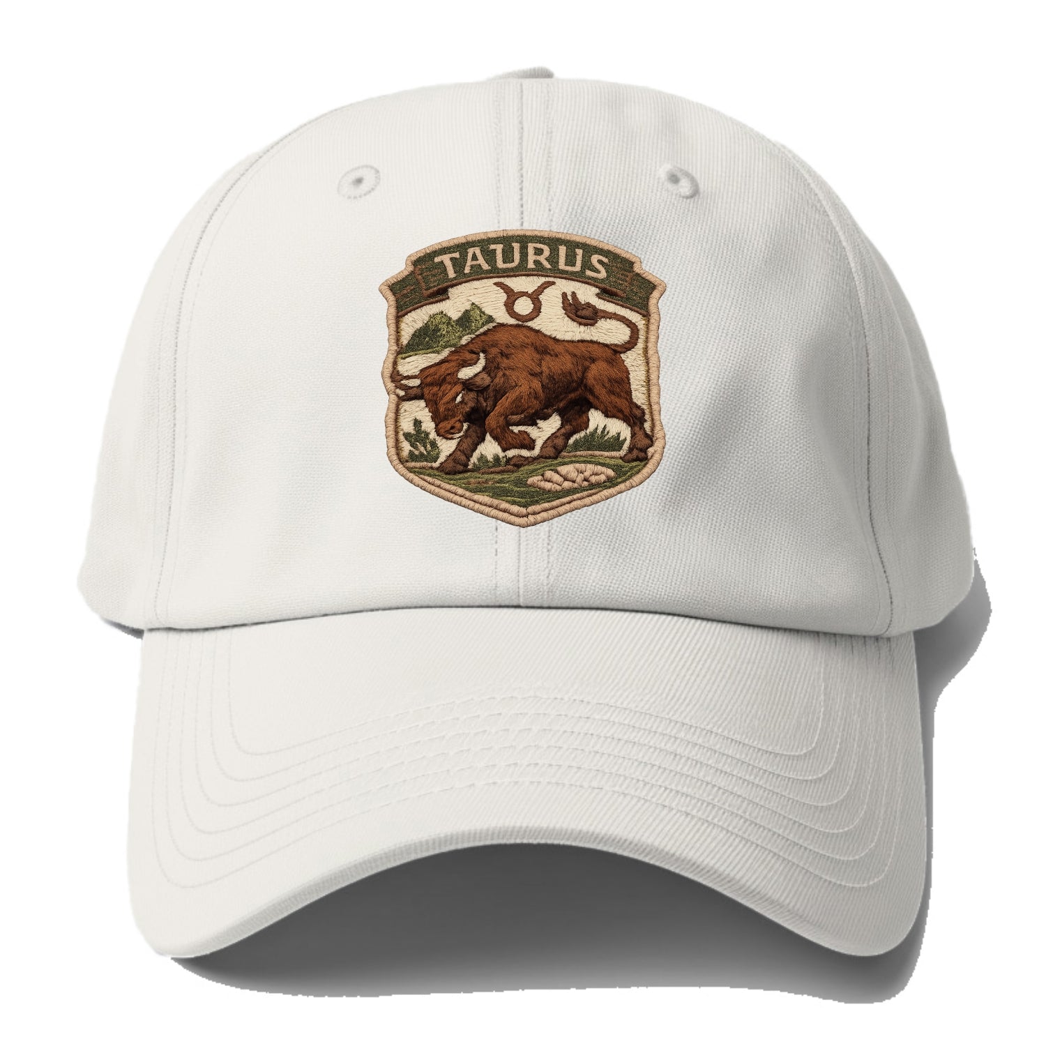TAURUS BULL - strong bull in brown and green , earth sign - Baseball Cap For Big Heads - Off White