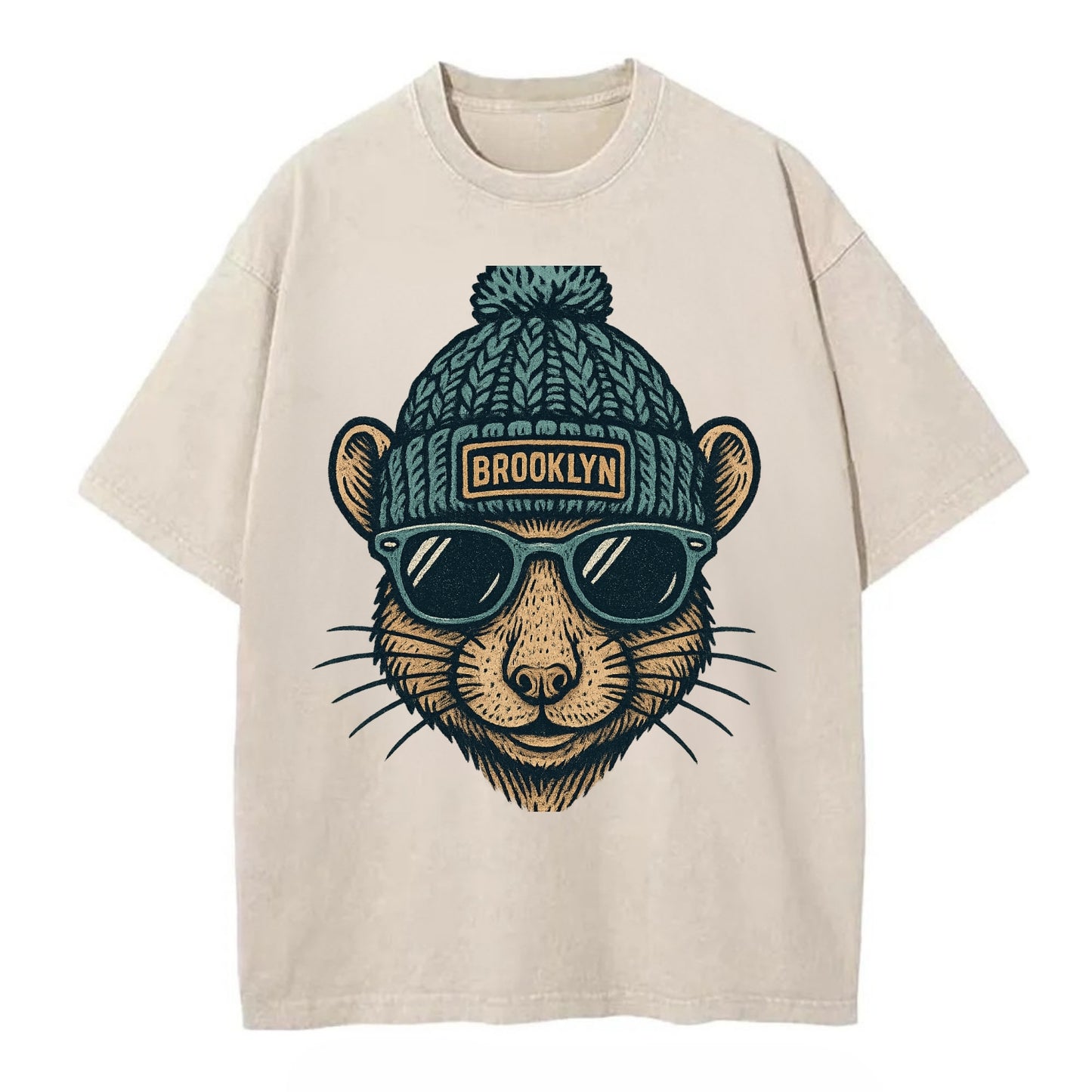 NYC Rat wearing Brooklyn beanie with pom pom and wayfarer sunglasses - Vintage T-shirt - Off White