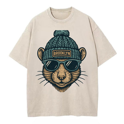 NYC Rat wearing Brooklyn beanie with pom pom and wayfarer sunglasses - Vintage T-shirt - Off White