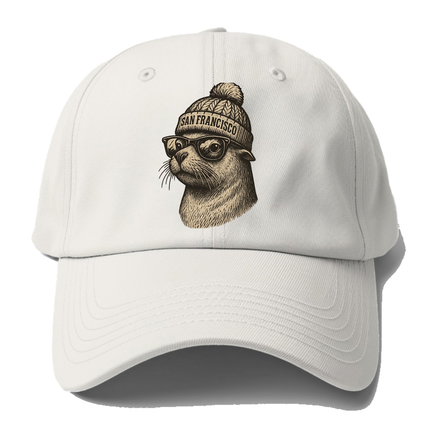 San Francisco Sea Lion wearing San Francisco beanie with pom pom and - Baseball Cap For Big Heads - Off White