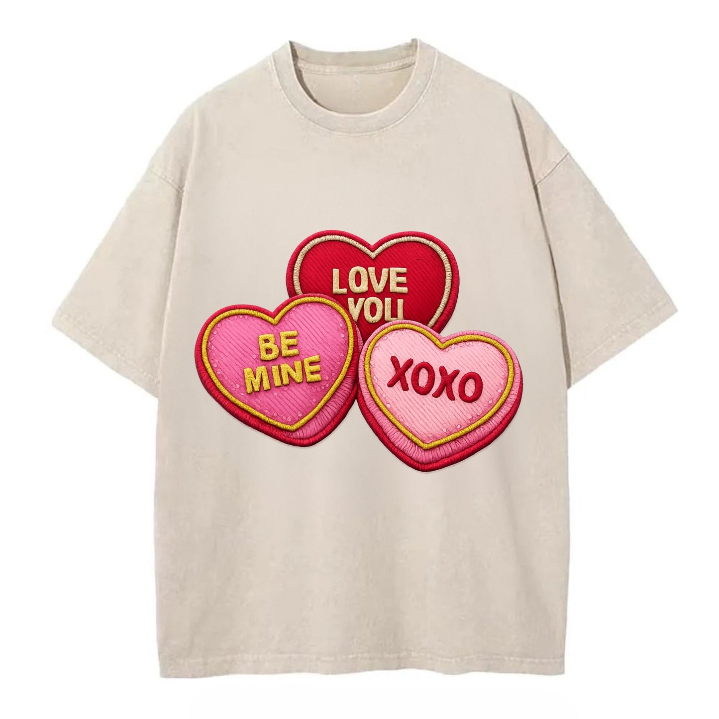 VALENTINES HEARTS - candy hearts in pink and red , love day - Vintage T-shirt - Off White