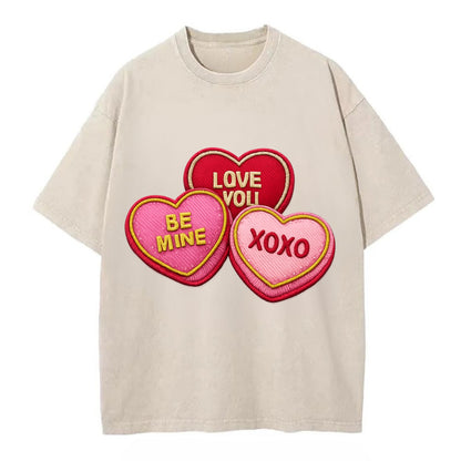 VALENTINES HEARTS - candy hearts in pink and red , love day - Vintage T-shirt - Off White
