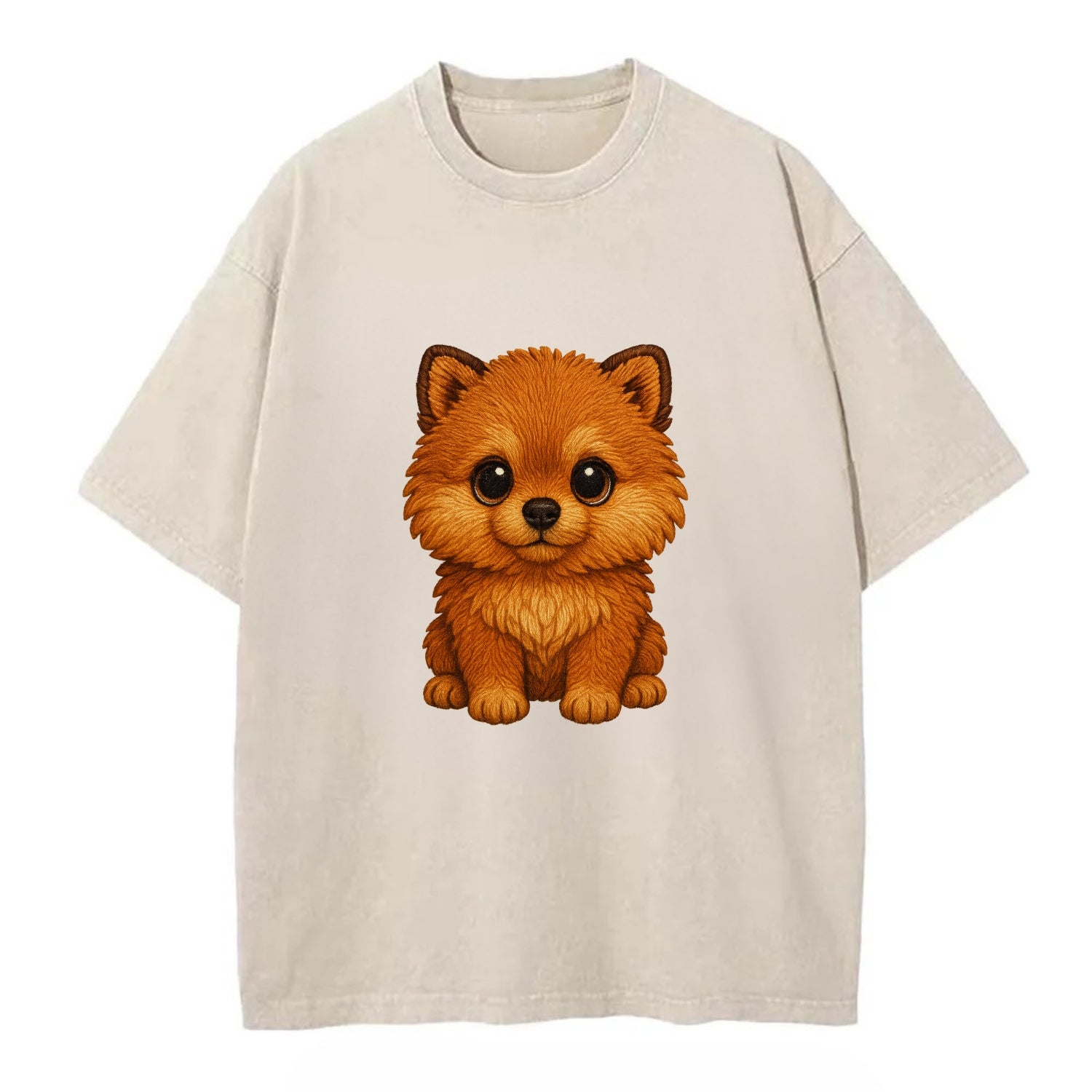 Baby Pomeranian Puppy - fluffy orange ball, fox face, tiny body, bright eyes, - Vintage T-shirt - Off White