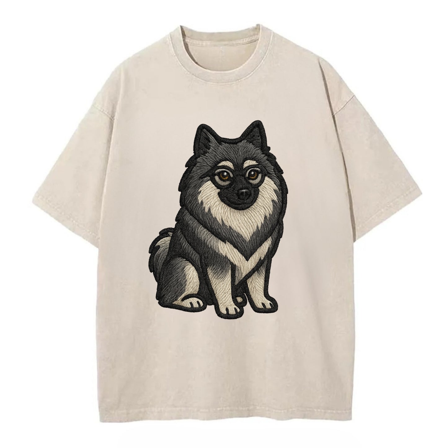 Keeshond - Gray and black spectacles embroidered design - Vintage T-shirt - Off White