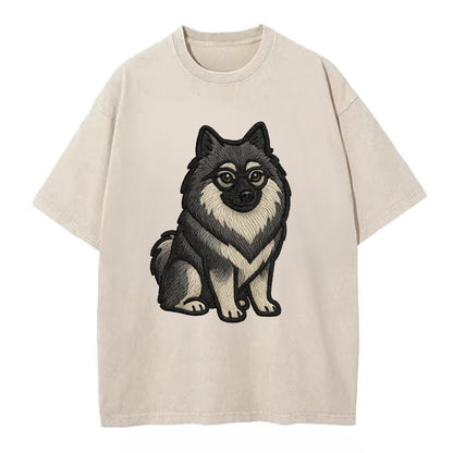 Keeshond - Gray and black spectacles embroidered design - Vintage T-shirt - Off White