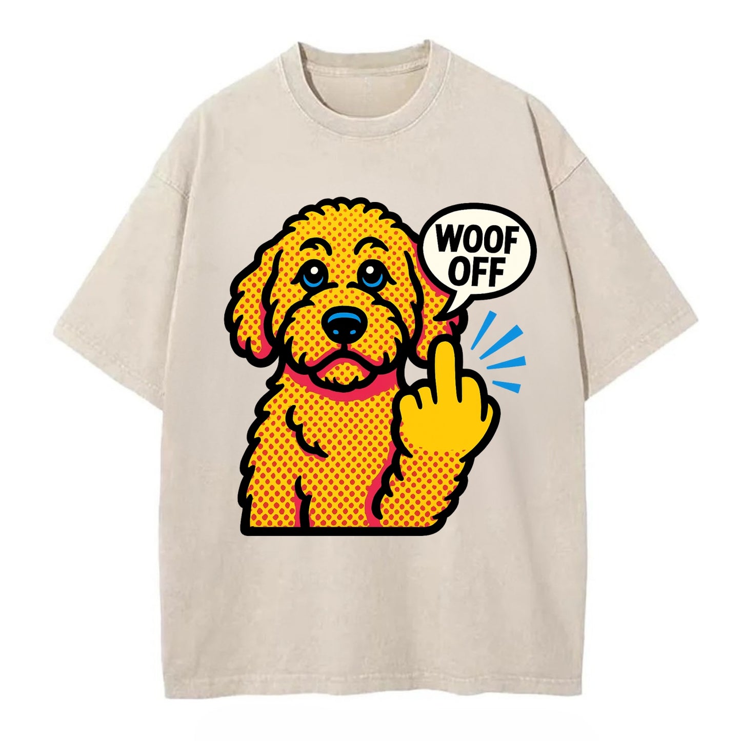 Goldendoodle with teddy bear face and curly golden coat, friendly paw flipping off - Vintage T-shirt - Off White