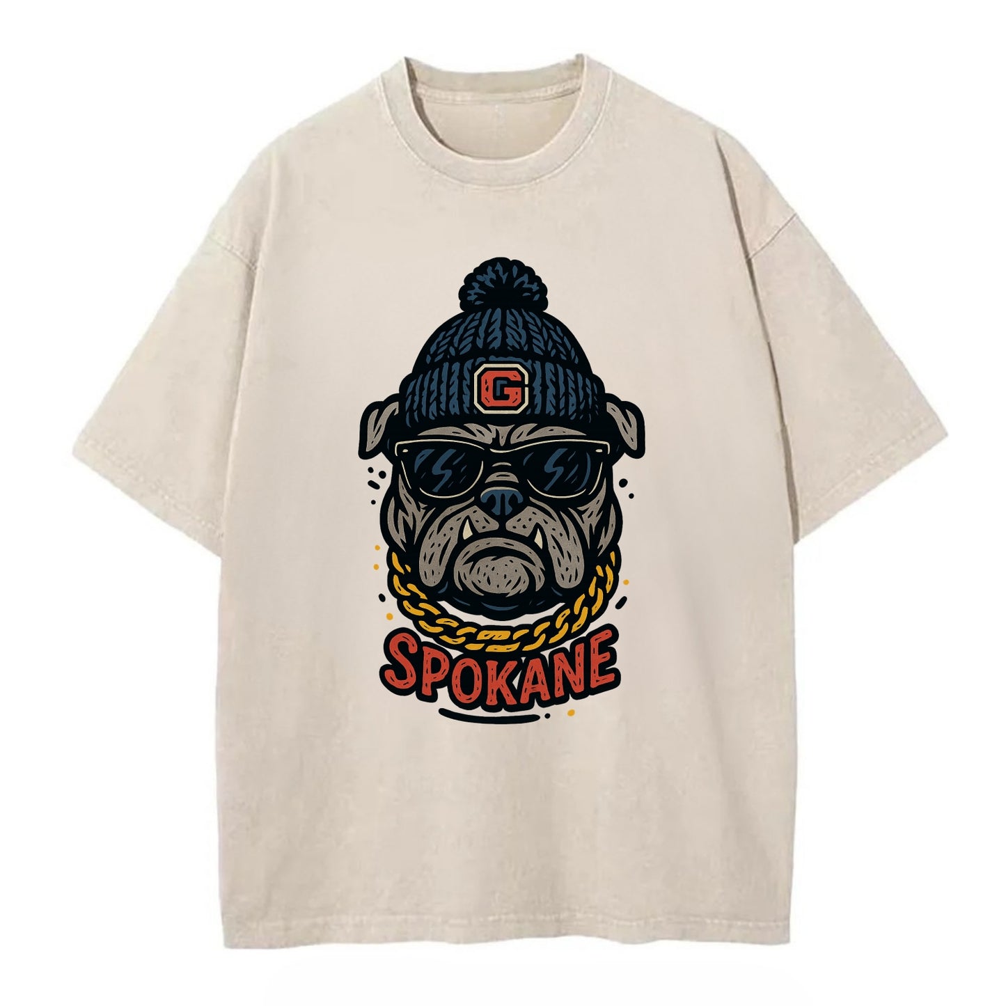 Spokane Bulldog wearing Gonzaga beanie with G patch - Vintage T-shirt - Off White