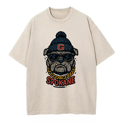 Spokane Bulldog wearing Gonzaga beanie with G patch - Vintage T-shirt - Off White