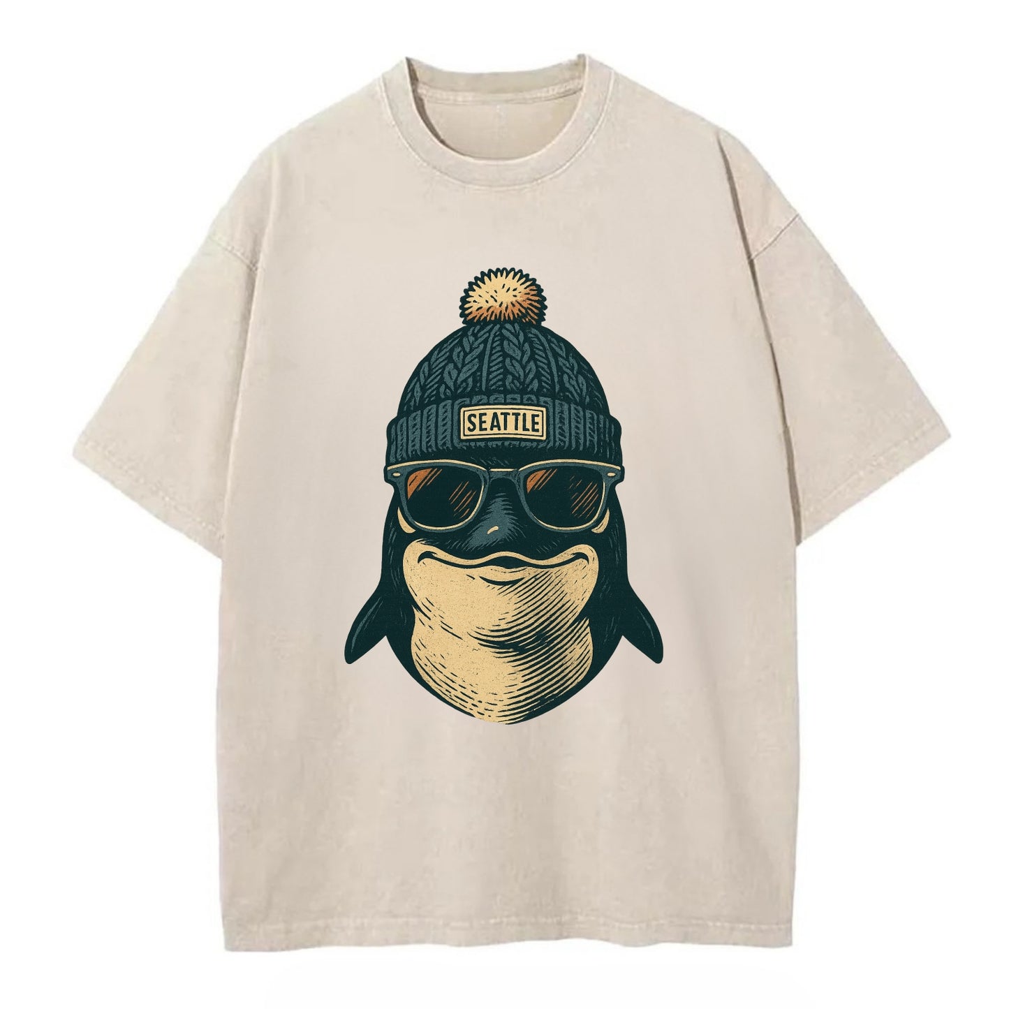 Washington Orca wearing Seattle beanie with pom pom and wayfarer sunglasses - Vintage T-shirt - Off White