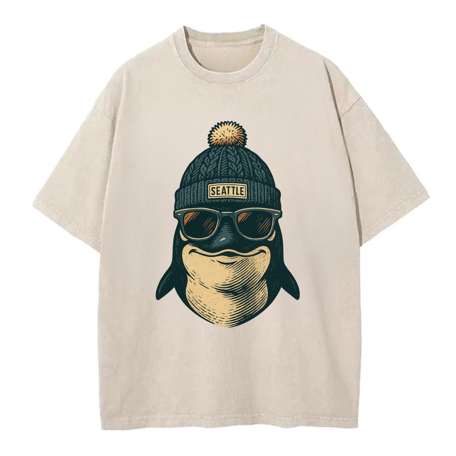 Washington Orca wearing Seattle beanie with pom pom and wayfarer sunglasses - Vintage T-shirt - Off White
