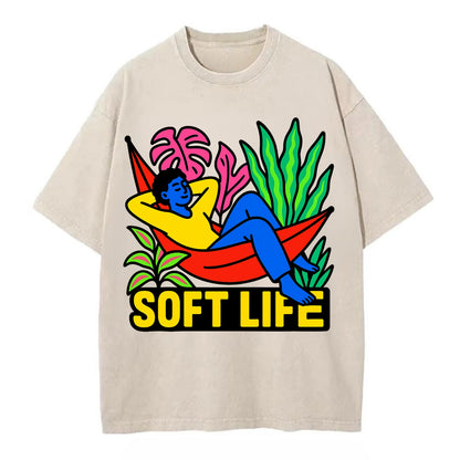 Person relaxing in hammock with plants - "soft life" aesthetic, peaceful living - Vintage T-shirt - Off White