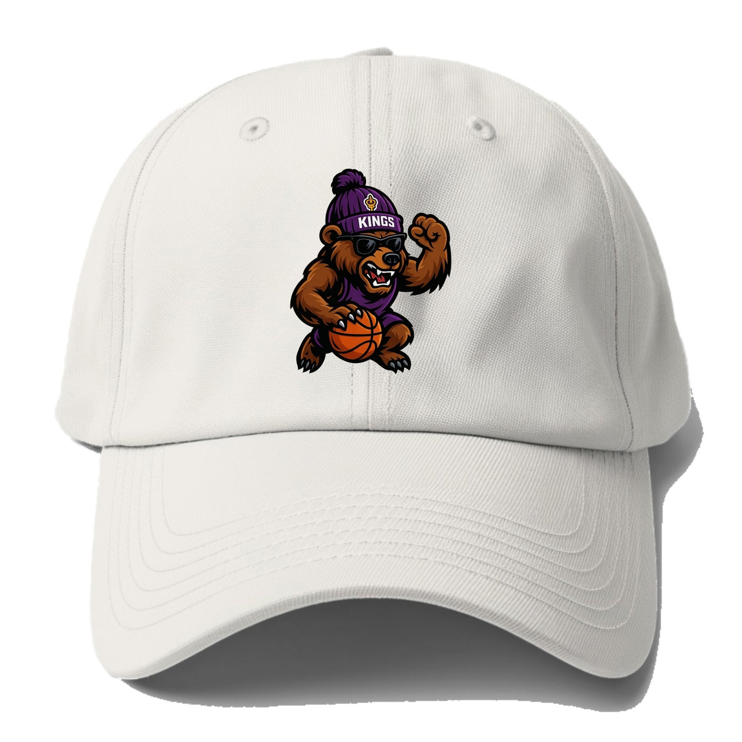 California Grizzly wearing Kings beanie with royal scepter patch and wayfarer - Baseball Cap - Off White