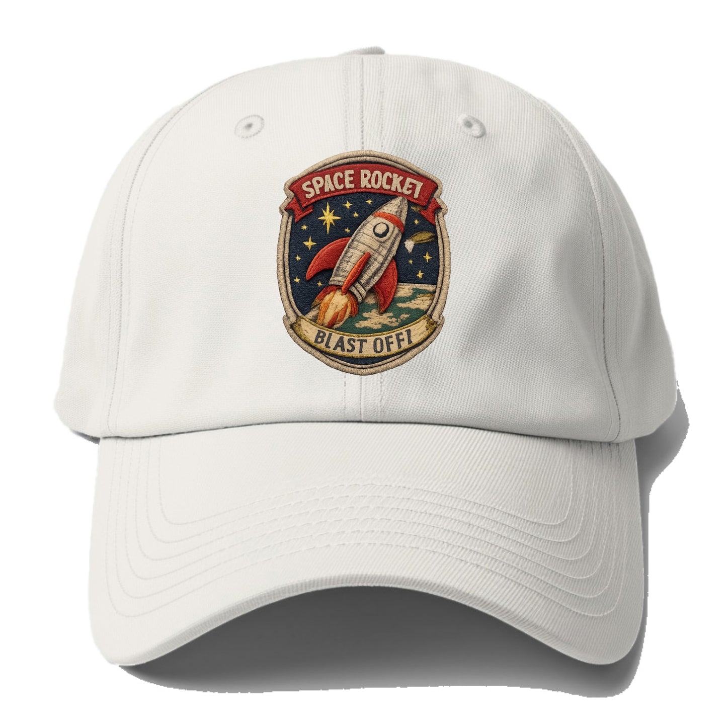 RETRO ROCKET - 1950s space rocket in silver and red , atomic age - Baseball Cap - Off White