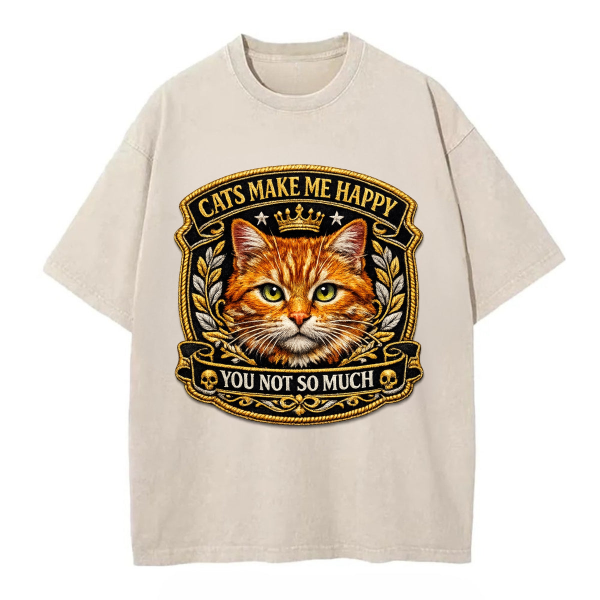 CATS MAKE ME HAPPY YOU NOT SO MUCH - cat face in orange , cat preference - Vintage T-shirt - Off White