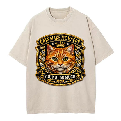 CATS MAKE ME HAPPY YOU NOT SO MUCH - cat face in orange , cat preference - Vintage T-shirt - Off White