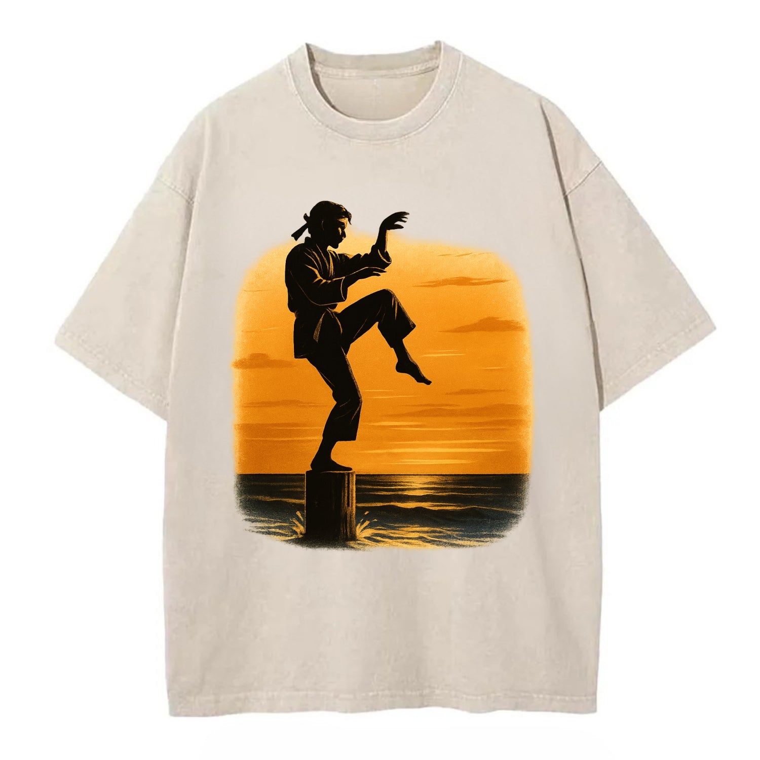 karate crane kick pose on wooden post at beach sunset - Vintage T-shirt - Off White