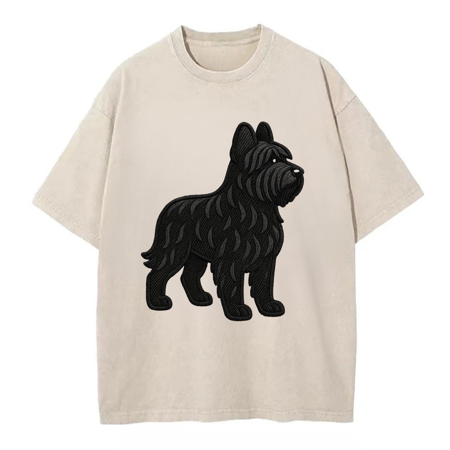 Briard - Black wavy coat embroidered herding pose - Vintage T-shirt - Off White