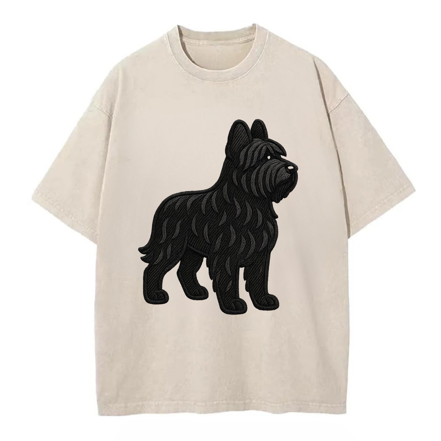 Briard - Black wavy coat embroidered herding pose - Vintage T-shirt - Off White