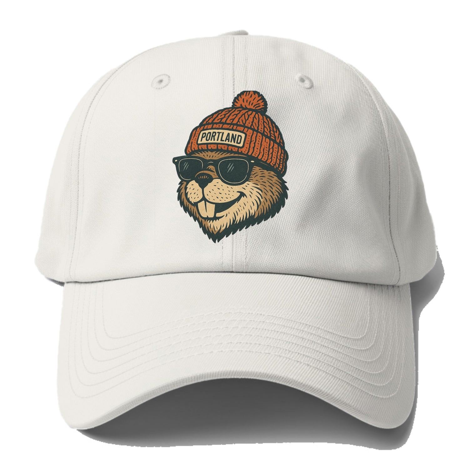 Oregon Beaver wearing Portland beanie with pom pom and wayfarer sunglasses - Baseball Cap - Off White