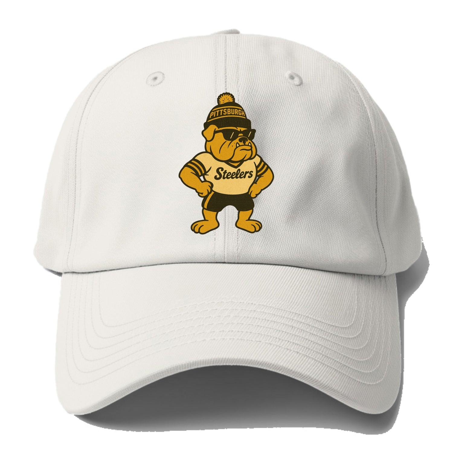 Pittsburgh Bulldog wearing Steelers black and gold beanie with pom pom - Baseball Cap For Big Heads - Off White