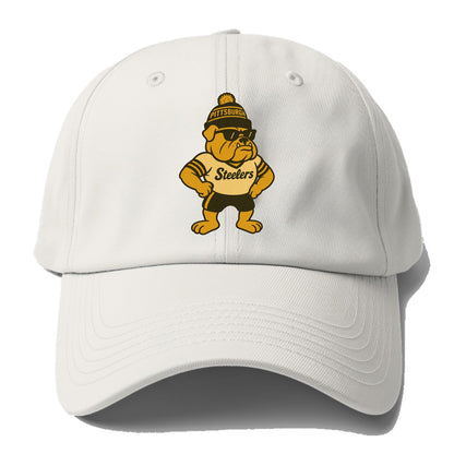Pittsburgh Bulldog wearing Steelers black and gold beanie with pom pom - Baseball Cap For Big Heads - Off White