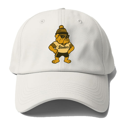 Pittsburgh Bulldog wearing Steelers black and gold beanie with pom pom - Baseball Cap For Big Heads