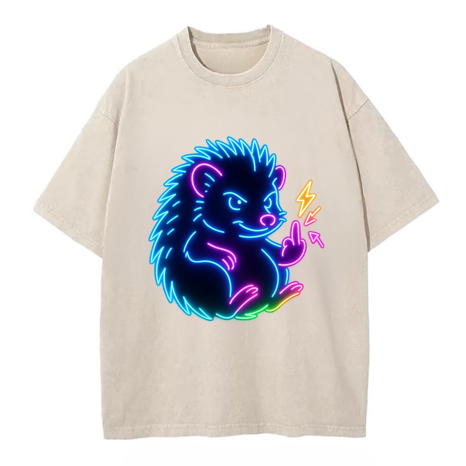 tiny hedgehog curled up slightly, one little paw raised flipping the bird - Vintage T-shirt - Off White
