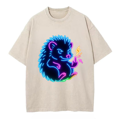tiny hedgehog curled up slightly, one little paw raised flipping the bird - Vintage T-shirt - Off White