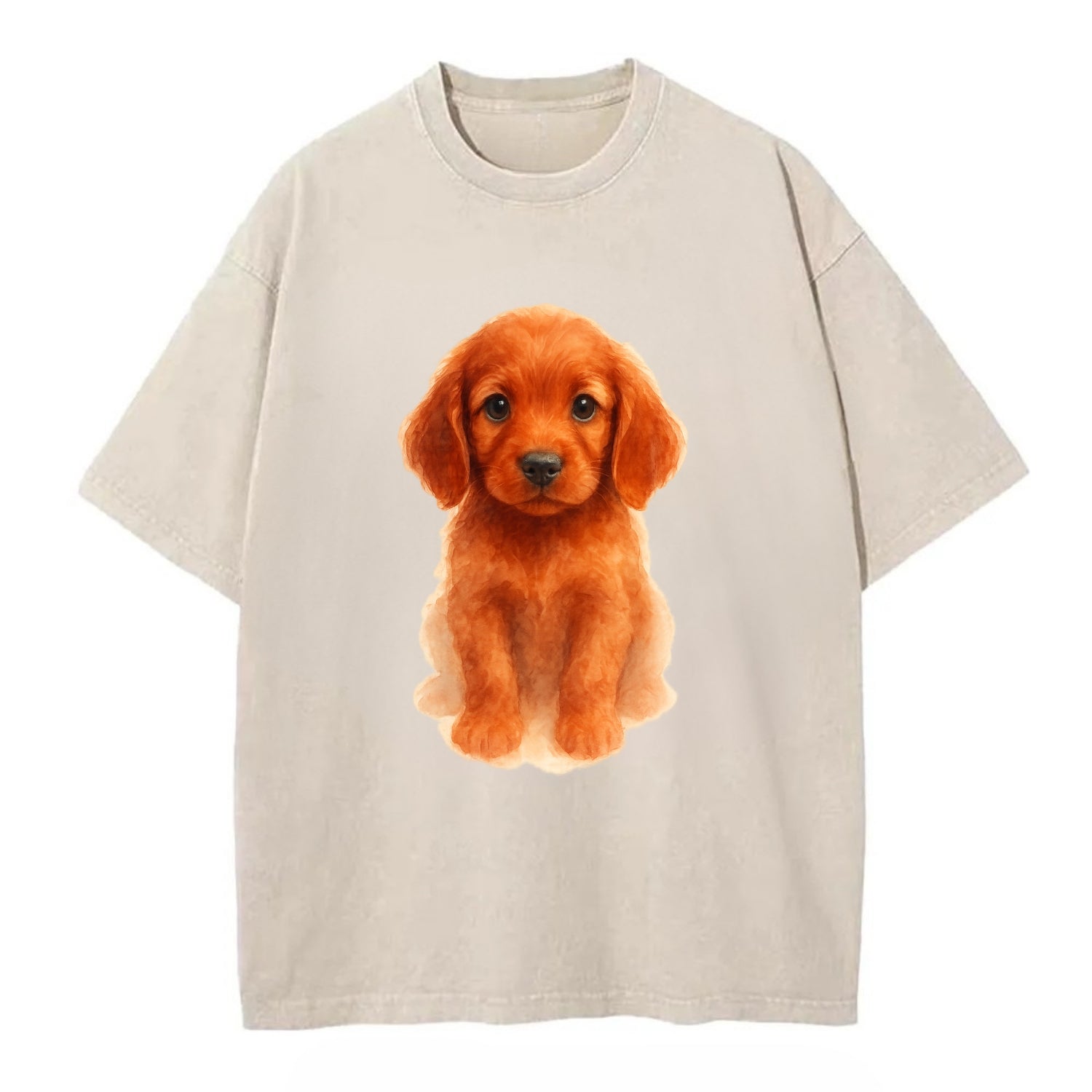 Baby Irish Setter Puppy - mahogany red coat, feathered ears, friendly eyes, - Vintage T-shirt - Off White