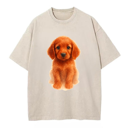 Baby Irish Setter Puppy - mahogany red coat, feathered ears, friendly eyes, - Vintage T-shirt - Off White