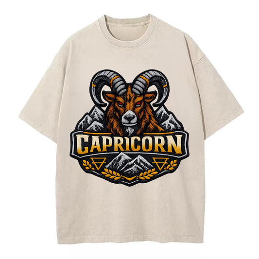 CAPRICORN GOAT - mountain goat in brown and gray , earth sign - Vintage T-shirt - Off White